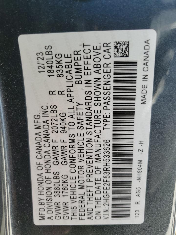 2024 Honda Civic Sport VIN: 2HGFE2F53RH533626 Lot: 61495675