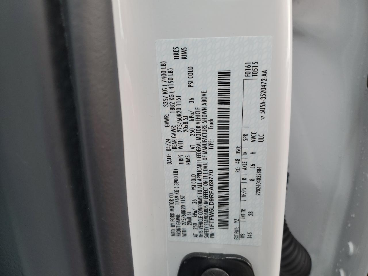 2024 Ford F150 Lariat VIN: 1FTFW5LD9RFA69770 Lot: 62015405
