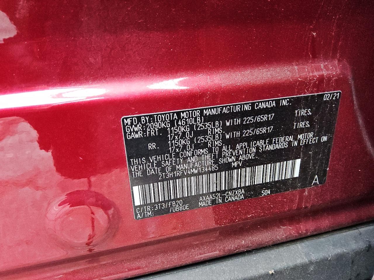 2021 Toyota Rav4 Le VIN: 2T3H1RFV4MW134485 Lot: 60093155