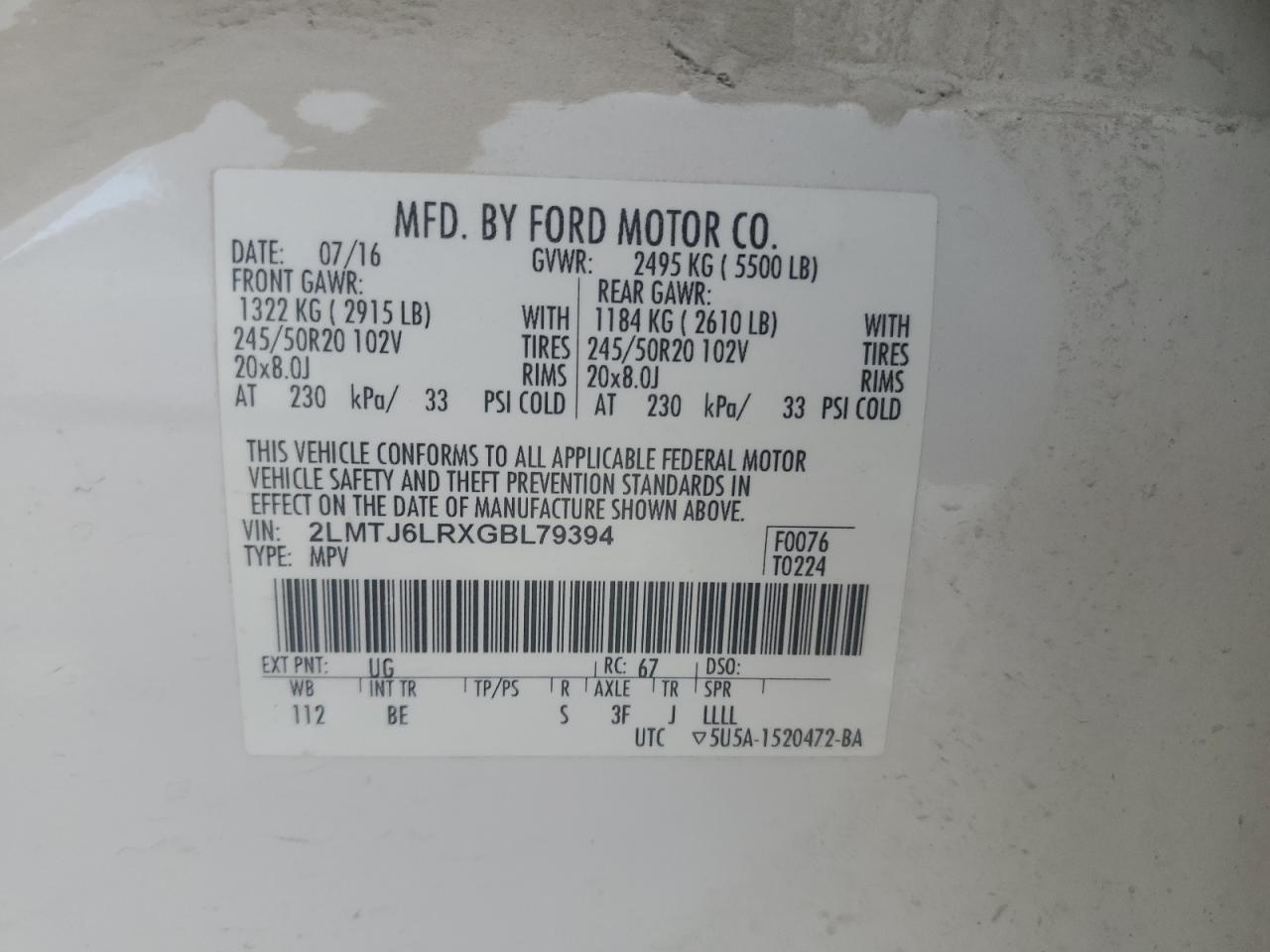 2016 Lincoln Mkx Reserve VIN: 2LMTJ6LRXGBL79394 Lot: 62741035