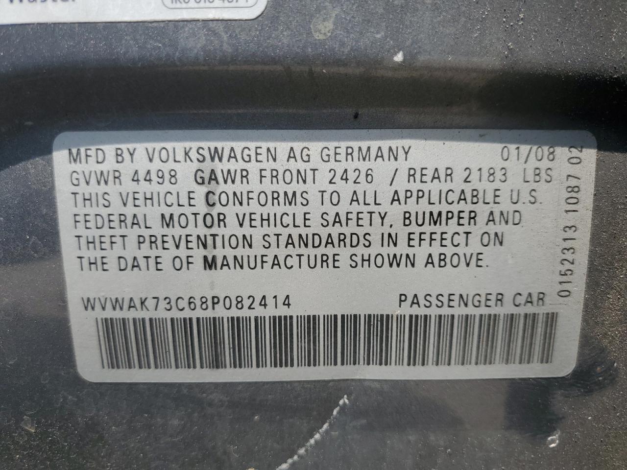 2008 Volkswagen Passat Komfort VIN: WVWAK73C68P082414 Lot: 61903505