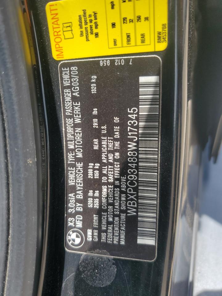 2008 BMW X3 3.0Si VIN: WBXPC93488WJ17345 Lot: 60151085