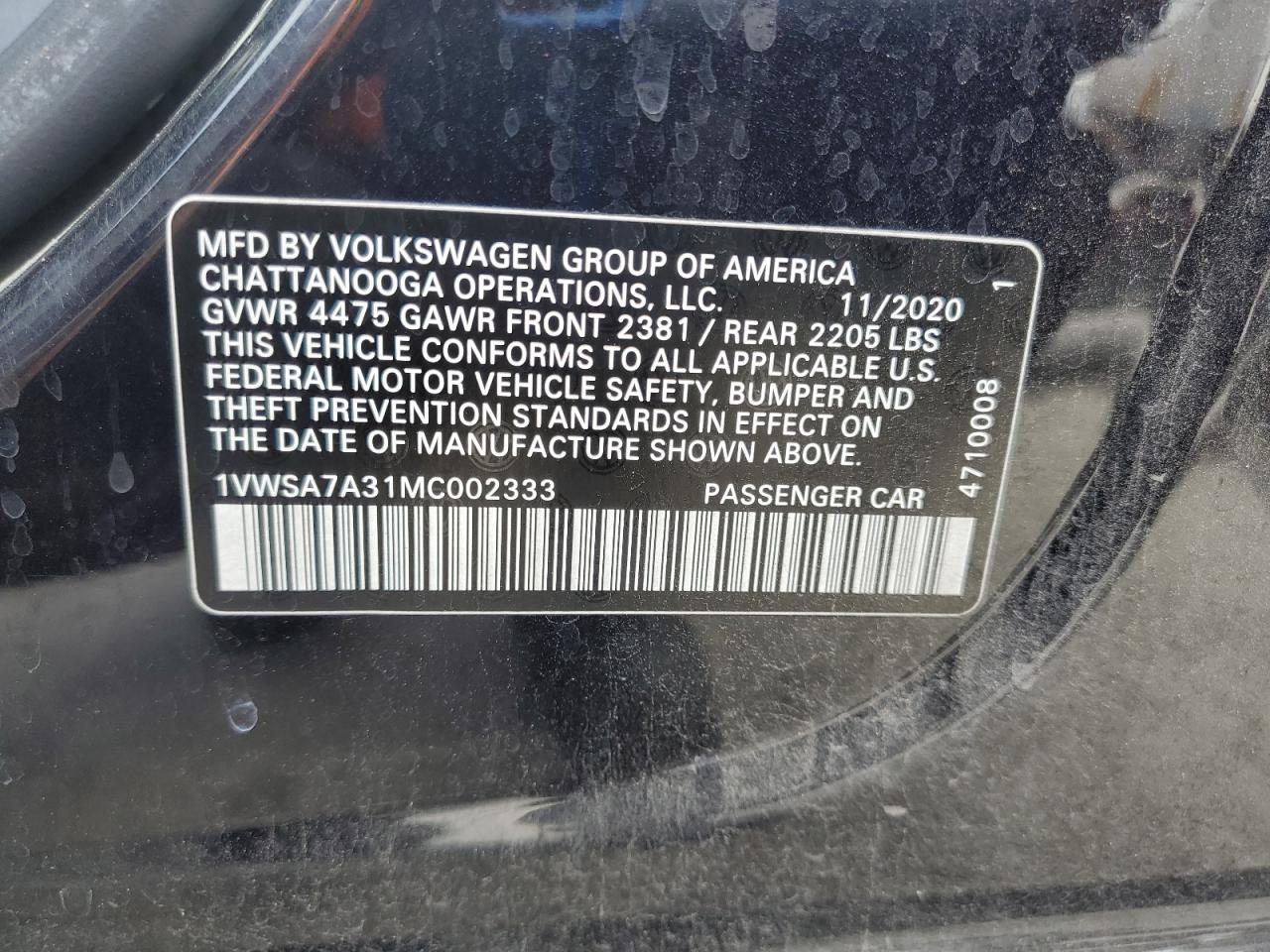 2021 Volkswagen Passat Se VIN: 1VWSA7A31MC002333 Lot: 61632775