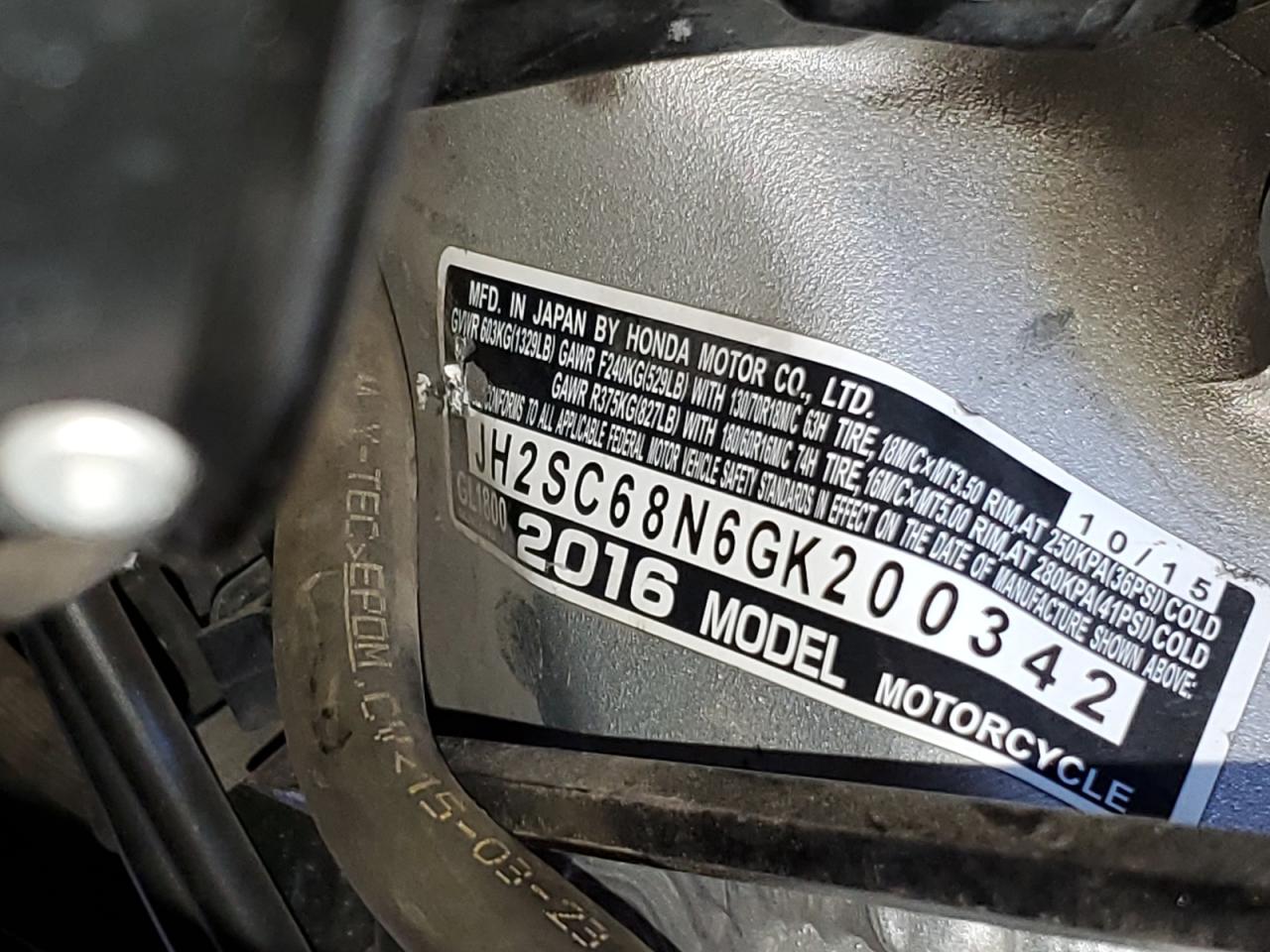 2016 Honda Gl1800 Abs VIN: JH2SC68N6GK200342 Lot: 59805985