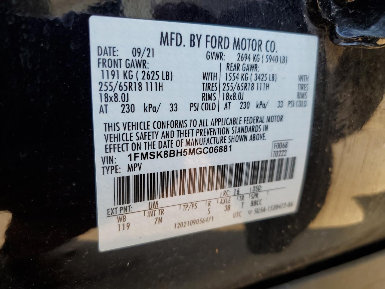 2021 Ford Explorer VIN: 1FMSK8BH5MGC06881 Lot: 62118165