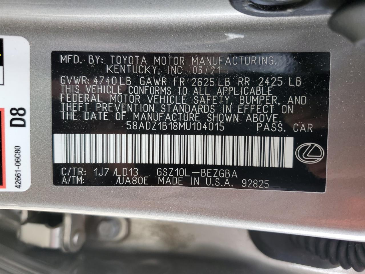 2021 Lexus Es 350 Base VIN: 58ADZ1B18MU104015 Lot: 60987475