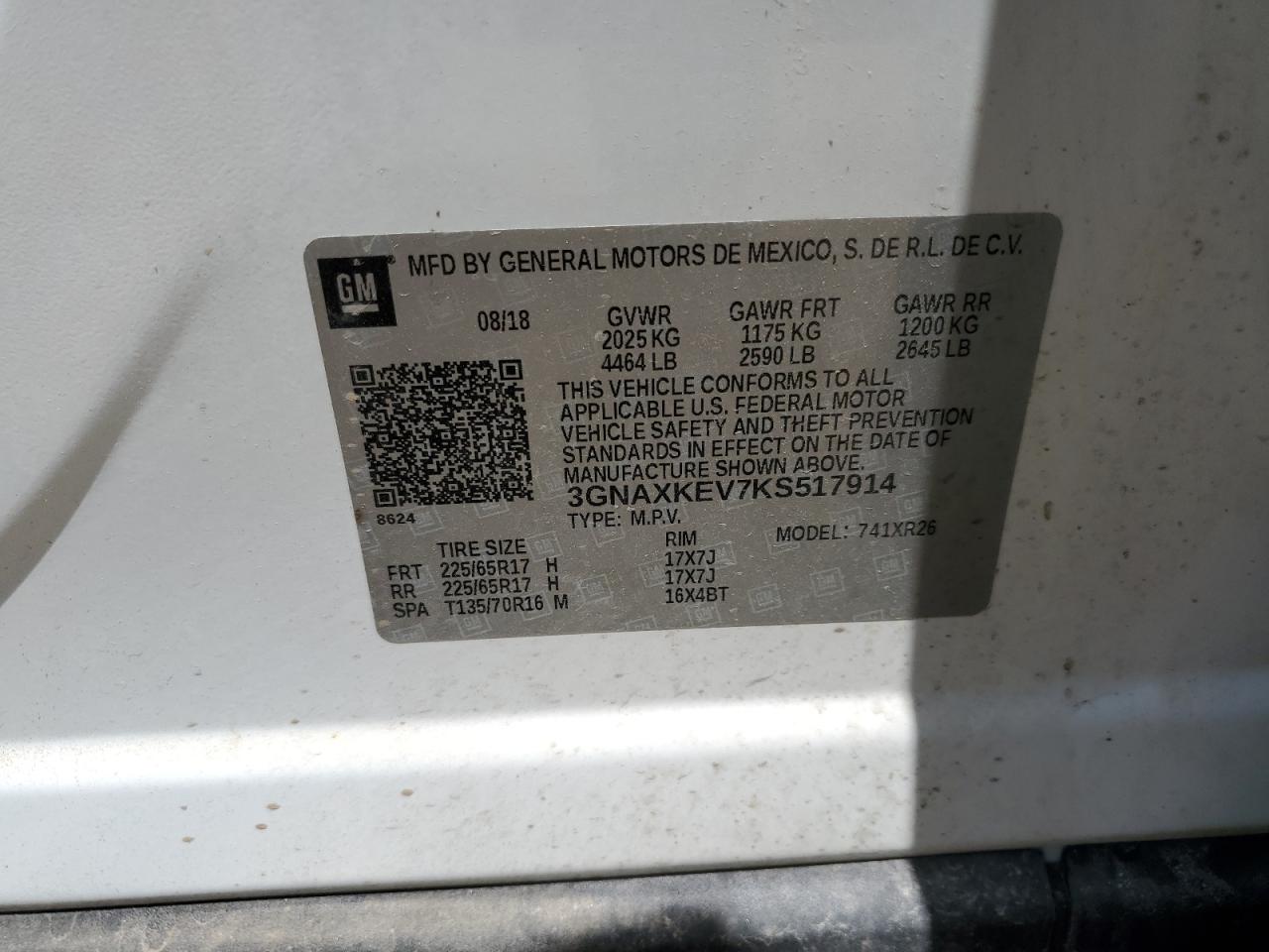 2019 Chevrolet Equinox Lt VIN: 3GNAXKEV7KS517914 Lot: 62761095