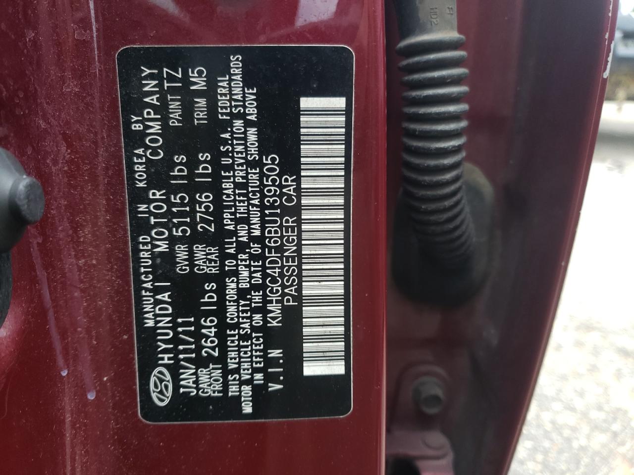 2011 Hyundai Genesis 4.6L VIN: KMHGC4DF6BU139505 Lot: 62562625