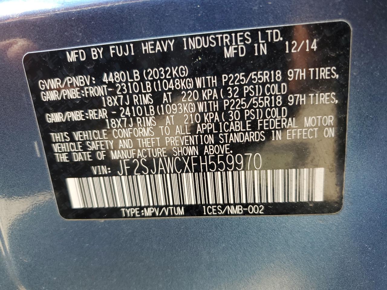 SUBARU FORESTER 2015 VIN JF2SJAWCXFH559970 фото 14