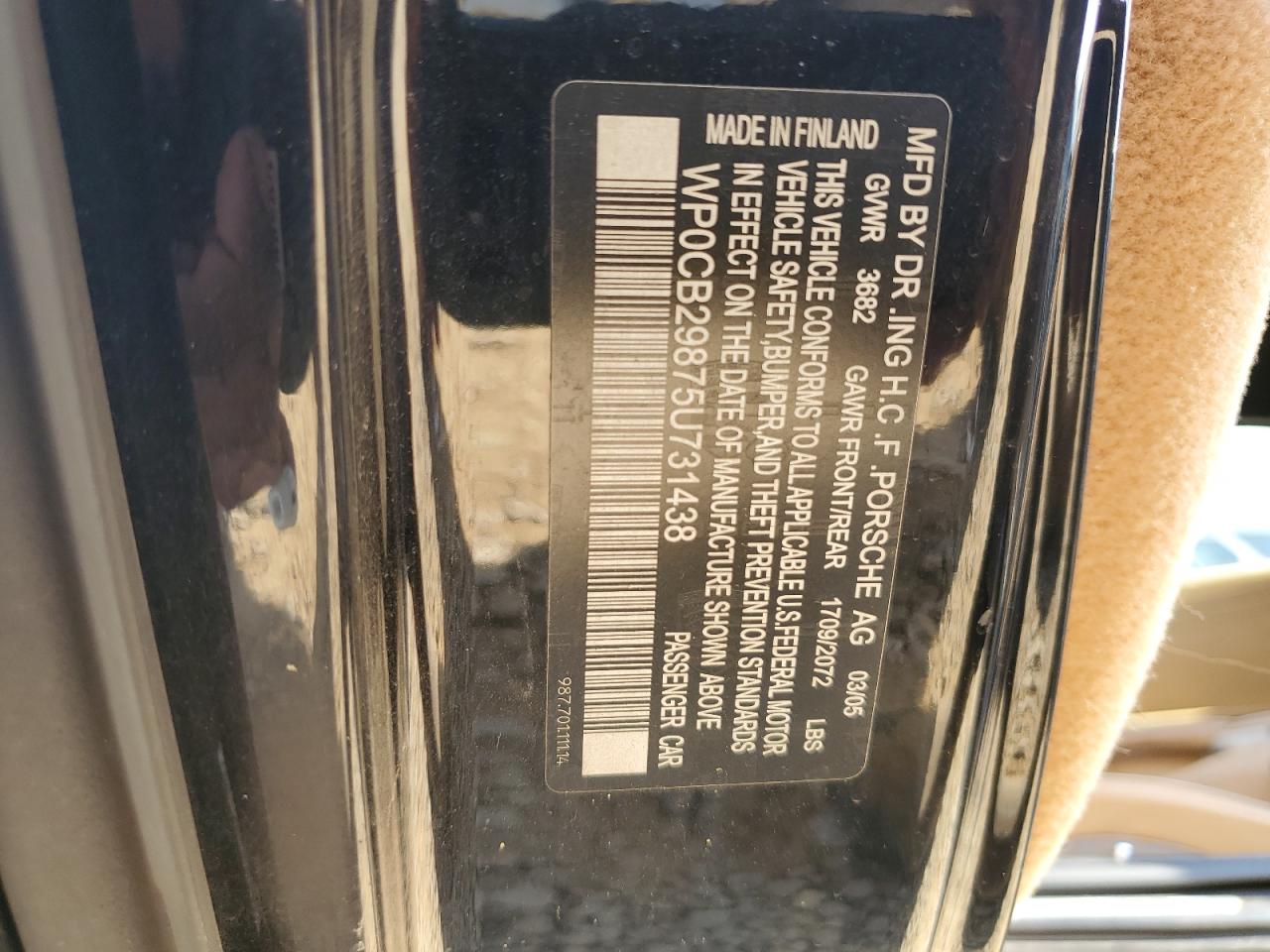 2005 Porsche Boxster S VIN: WP0CB29875U731438 Lot: 61603985