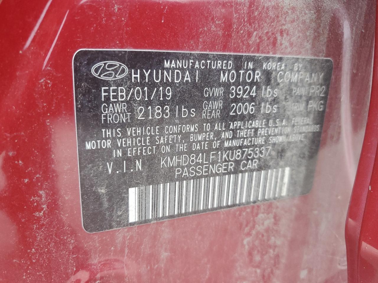 2019 Hyundai Elantra Sel VIN: KMHD84LF1KU87533 Lot: 61830435