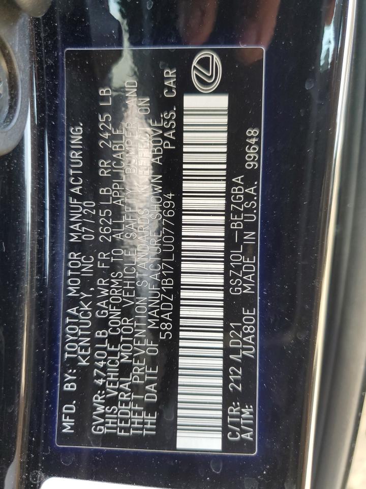 2020 Lexus Es 350 VIN: 58ADZ1B17LU077694 Lot: 62139955