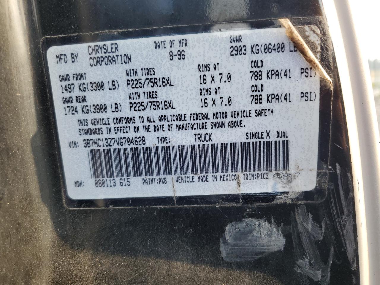 1997 Dodge Ram 1500 VIN: 3B7HC13Z7VG704628 Lot: 60306235