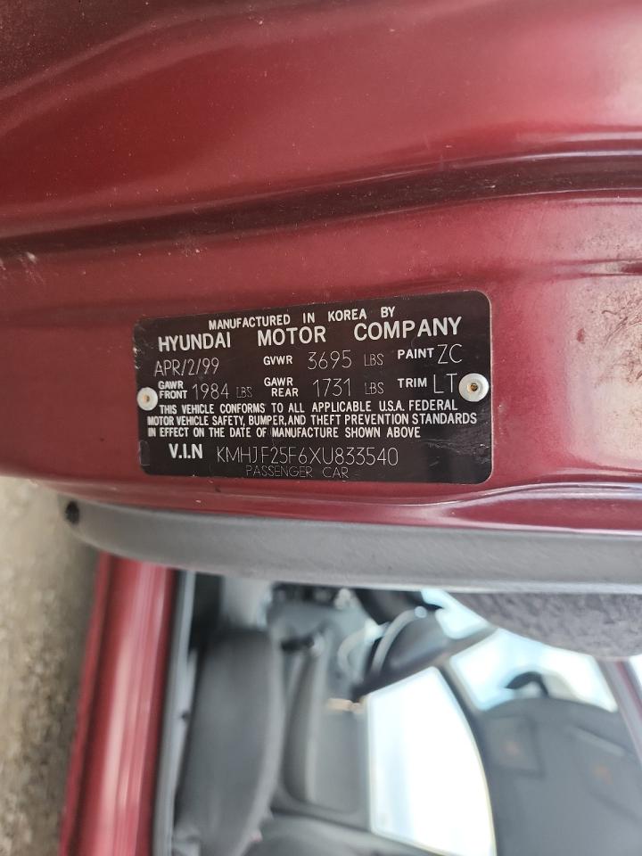 1999 Hyundai Elantra Base VIN: KMHJF25F6XU833540 Lot: 63153215