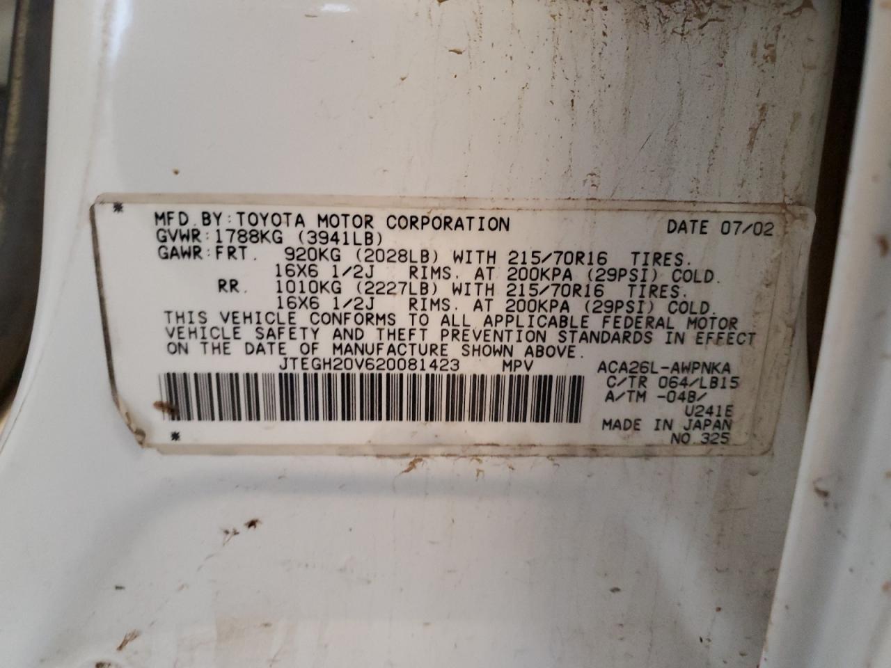 2002 Toyota Rav4 VIN: JTEGH20V620081423 Lot: 62057165