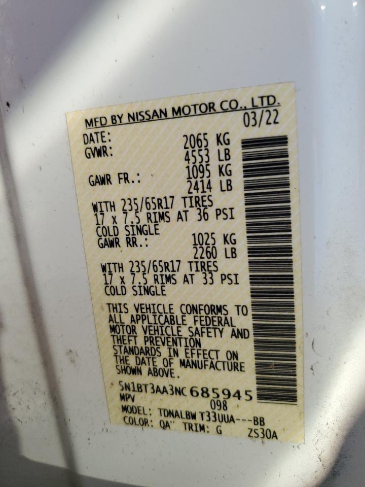 2022 Nissan Rogue S VIN: 5N1BT3AA3NC685945 Lot: 62588485