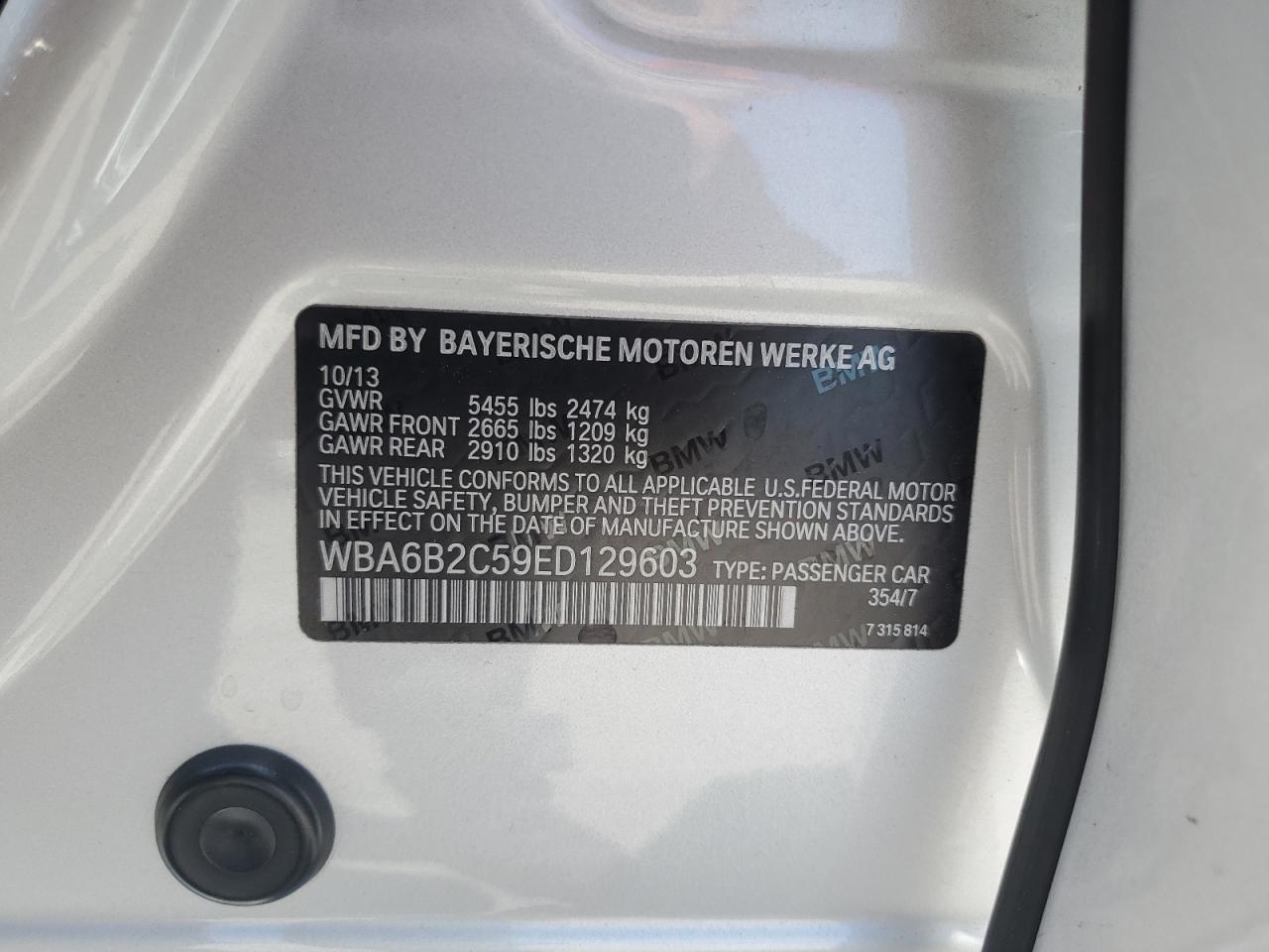 2014 BMW 650 I Gran Coupe VIN: WBA6B2C59ED129603 Lot: 62374455