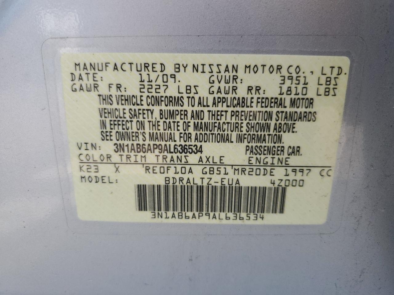 2010 Nissan Sentra 2.0 VIN: 3N1AB6AP9AL636534 Lot: 62405985