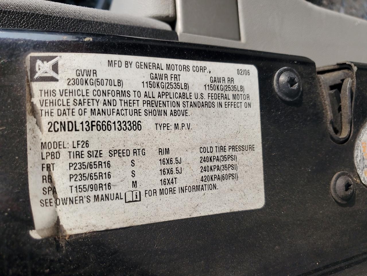 2006 Chevrolet Equinox Ls VIN: 2CNDL13F666133386 Lot: 60281515