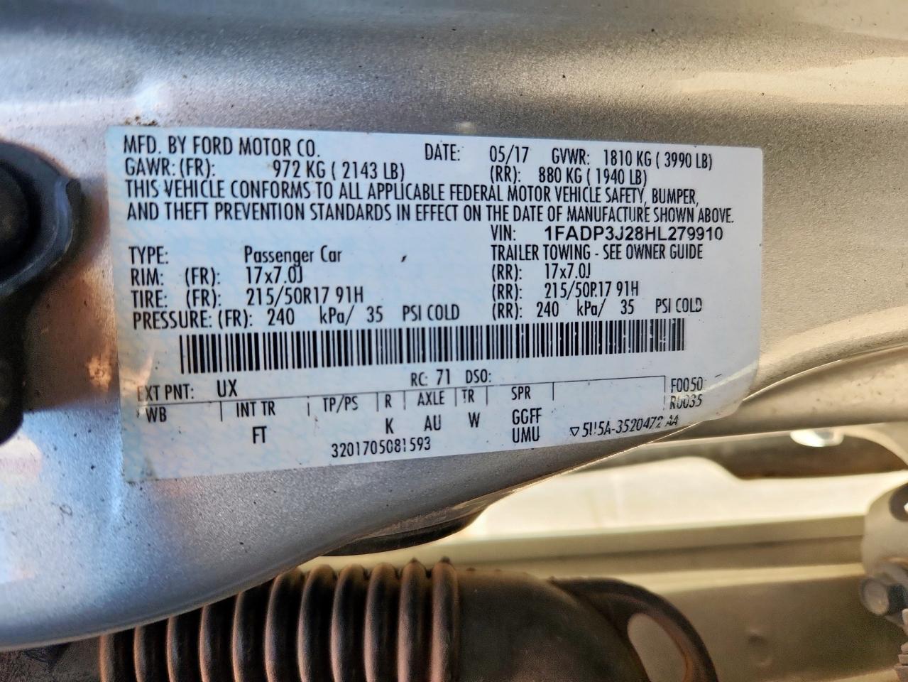 2017 Ford Focus Titanium VIN: 1FADP3J28HL279910 Lot: 62967675