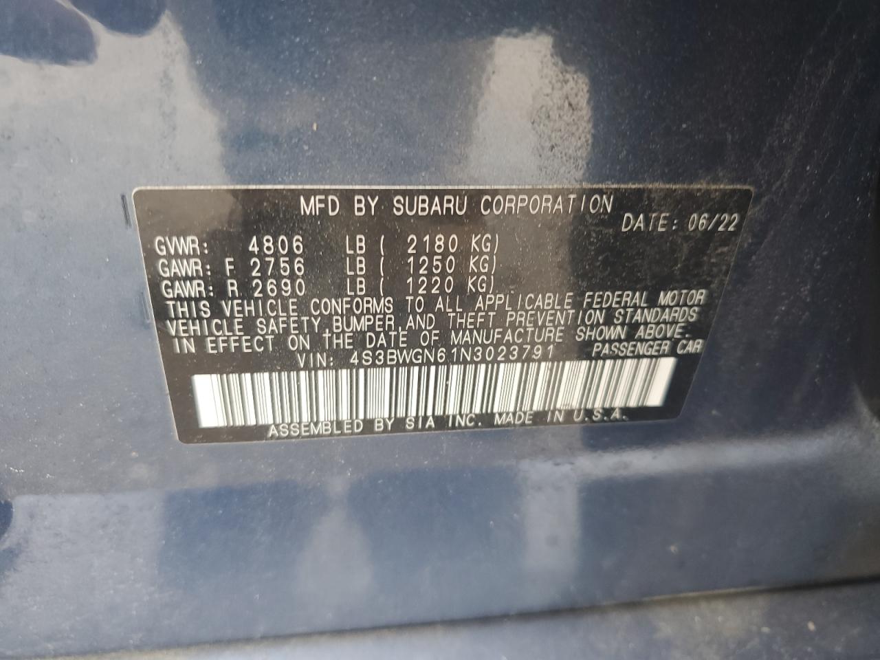 2022 Subaru Legacy Limited Xt VIN: 4S3BWGN61N3023791 Lot: 60174785