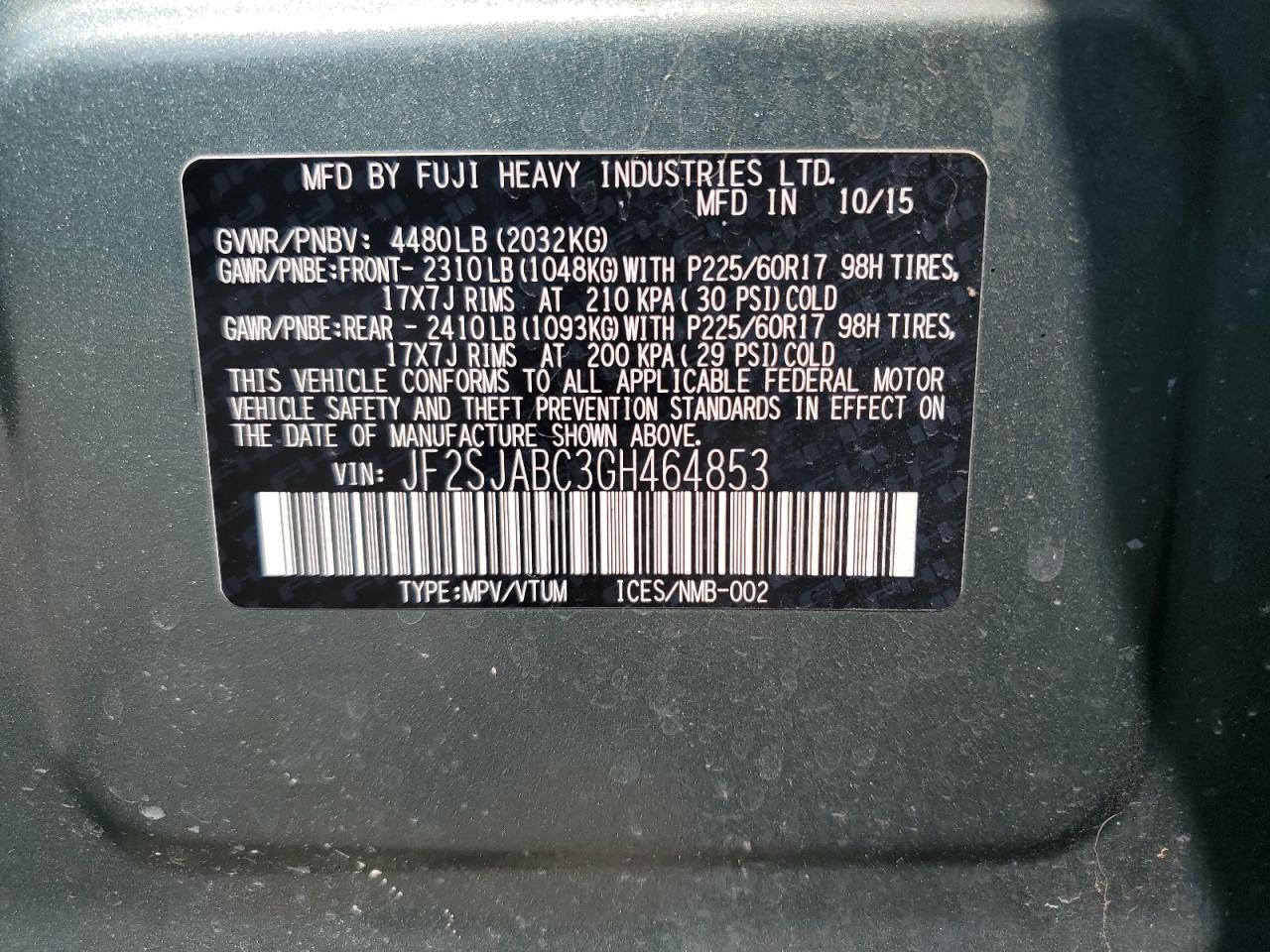 2016 Subaru Forester 2.5I VIN: JF2SJABC3GH464853 Lot: 58484955