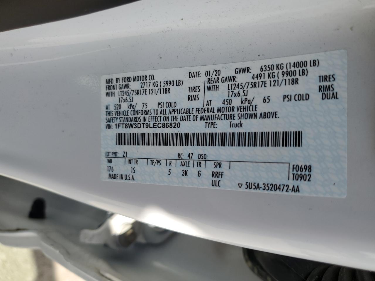 2020 Ford F350 Super Duty VIN: 1FT8W3DT9LEC86820 Lot: 60684145