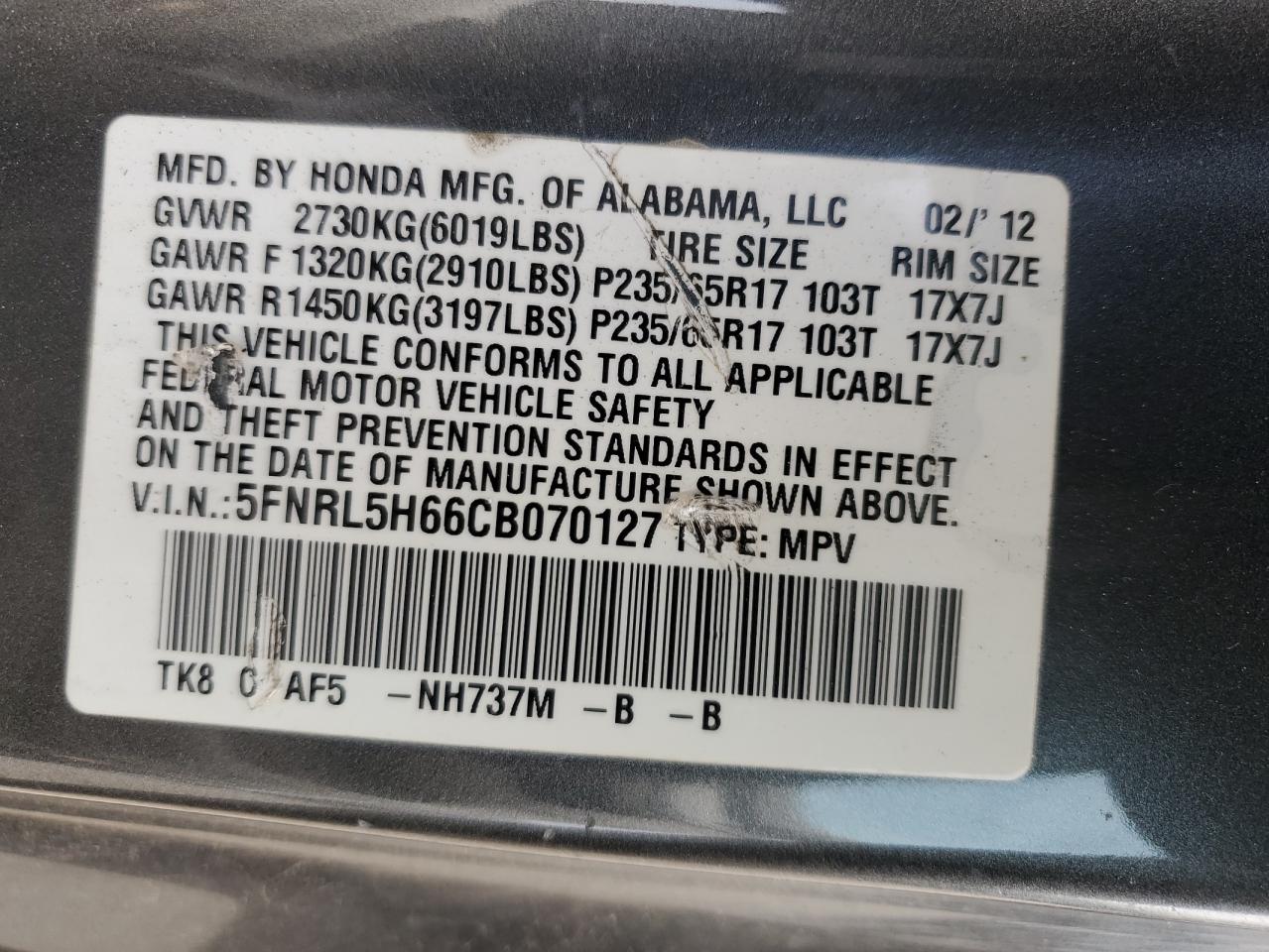 2012 Honda Odyssey Exl VIN: 5FNRL5H66CB070127 Lot: 62108165