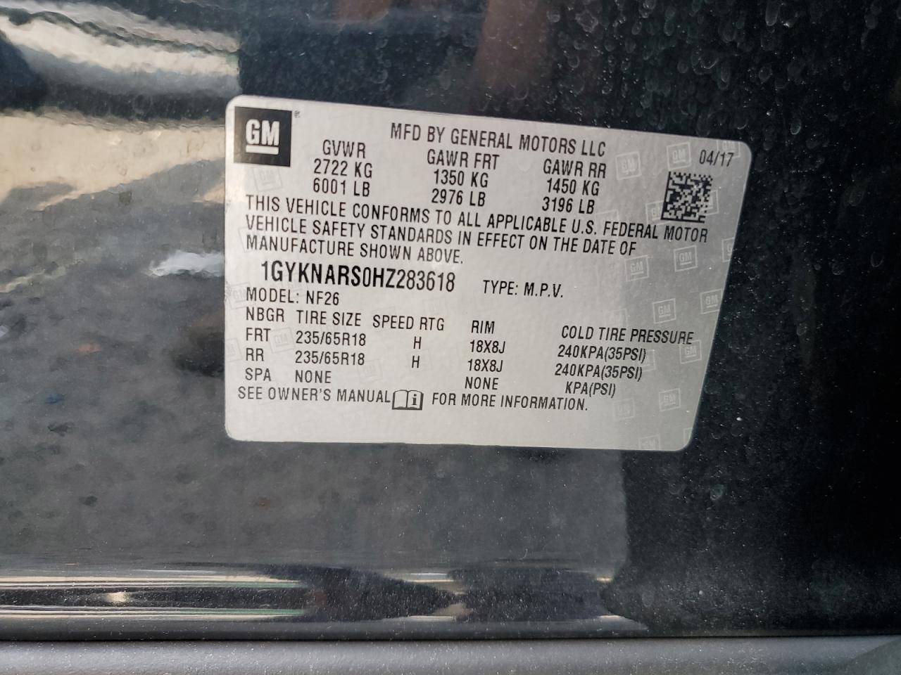 2017 Cadillac Xt5 VIN: 1GYKNARS0HZ283618 Lot: 61640005