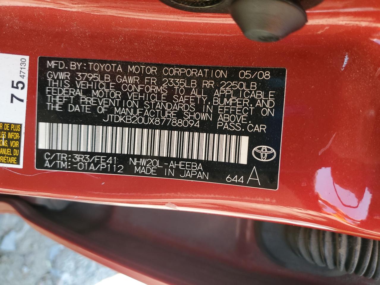 2008 Toyota Prius VIN: JTDKB20UX87788094 Lot: 62650975