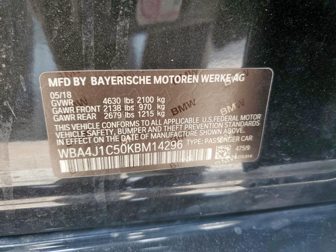 2019 BMW 430I Gran Coupe VIN: WBA4J1C50KBM14296 Lot: 59377685