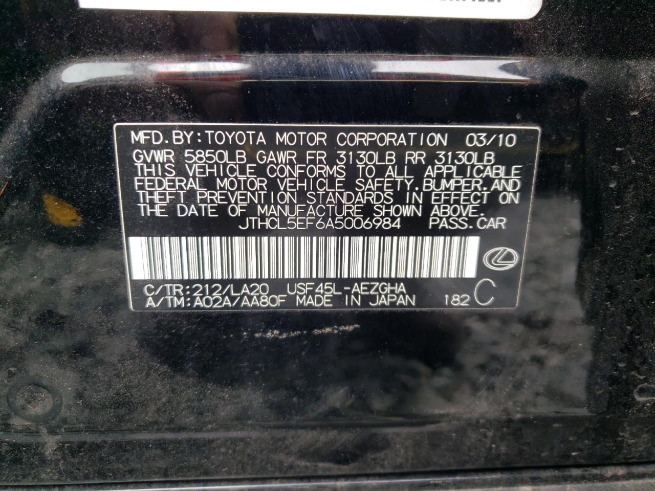 2010 Lexus Ls 460 VIN: JTHCL5EF6A5006984 Lot: 60912355