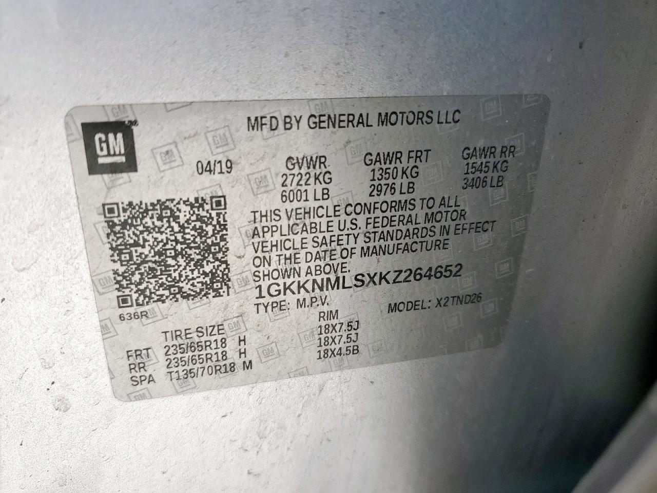 2019 GMC Acadia Slt-1 VIN: 1GKKNMLSXKZ264652 Lot: 62998625