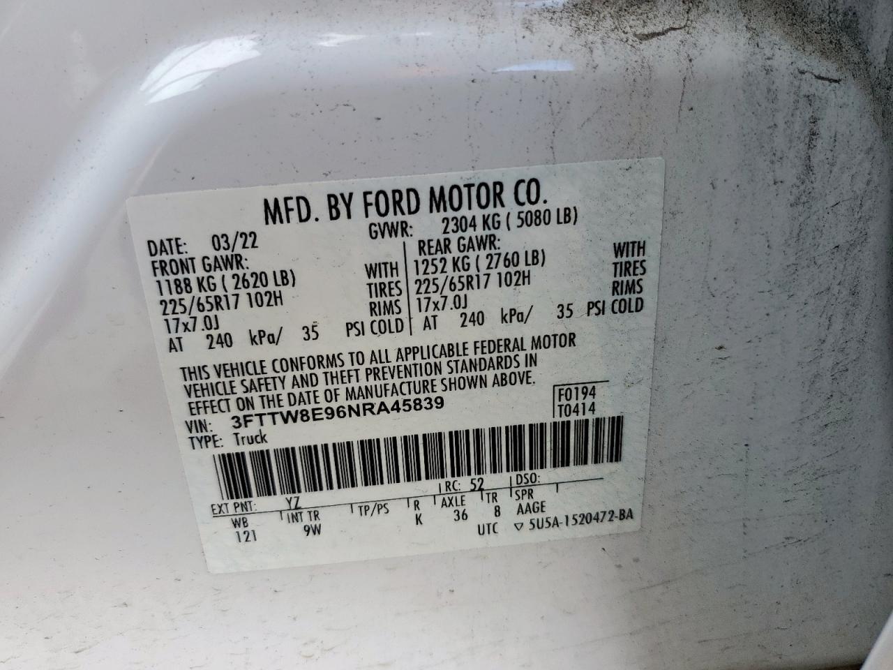 2022 Ford Maverick Xl VIN: 3FTTW8E96NRA45839 Lot: 62653845