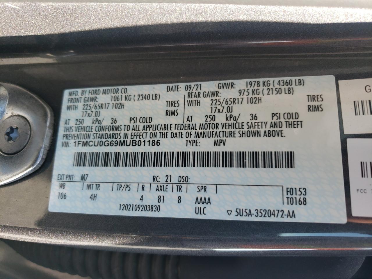 2021 Ford Escape Se VIN: 1FMCU0G69MUB01186 Lot: 62773275
