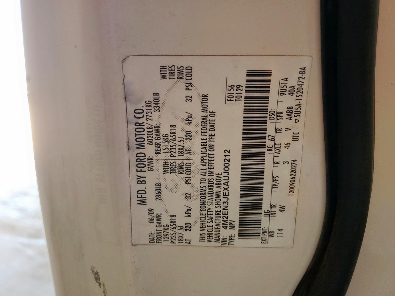 2010 Mercury Mountaineer Premier VIN: 4M2EN3JEXAUJ00212 Lot: 62010725