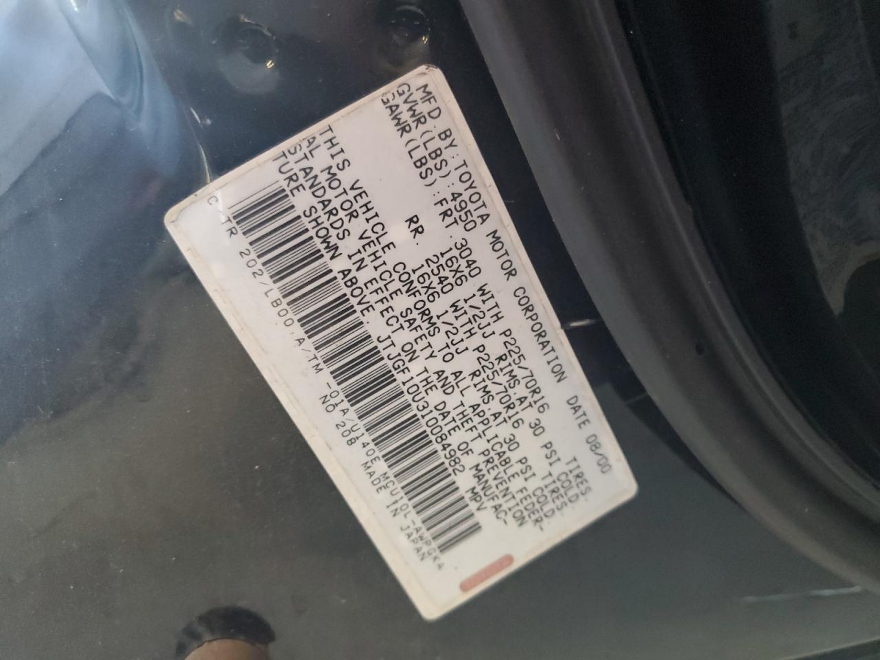 2001 Lexus Rx 300 VIN: JTJGF10U310084982 Lot: 61771915