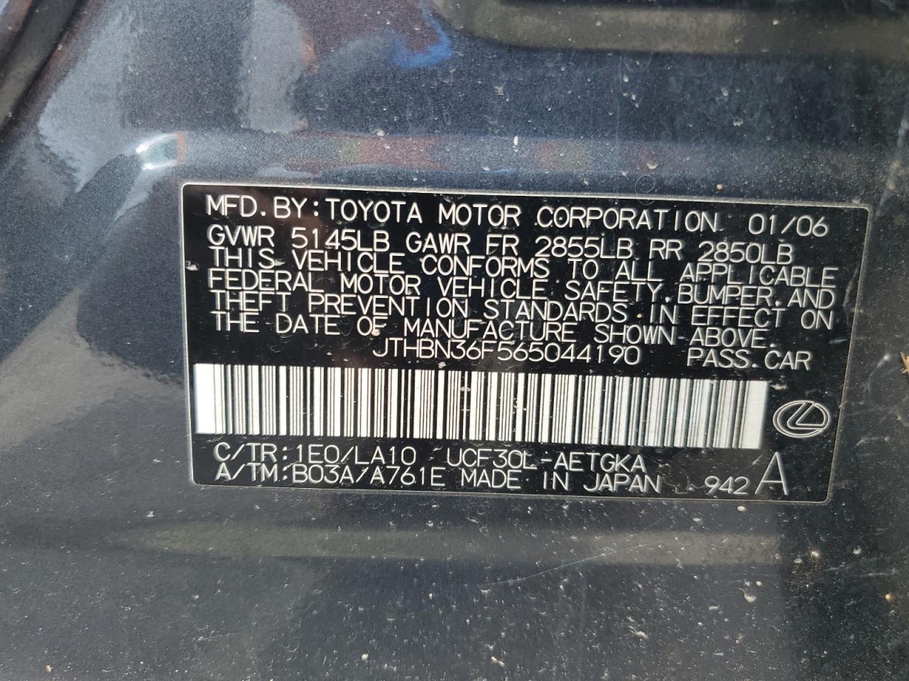 2006 Lexus Ls 430 VIN: JTHBN36F565044190 Lot: 62808475