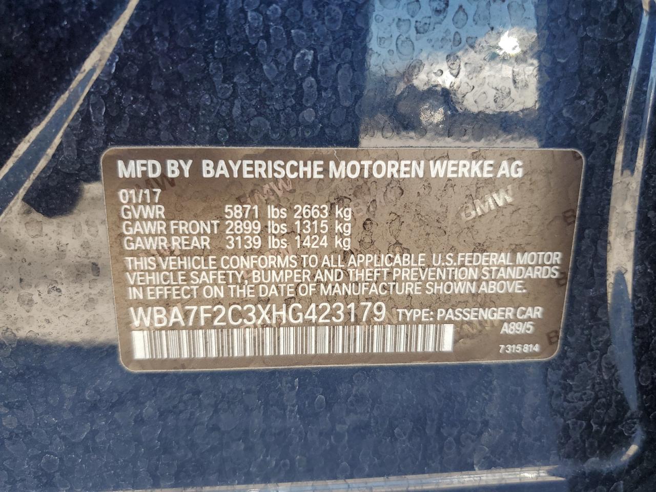 2017 BMW 750 Xi VIN: WBA7F2C3XHG423179 Lot: 61794115
