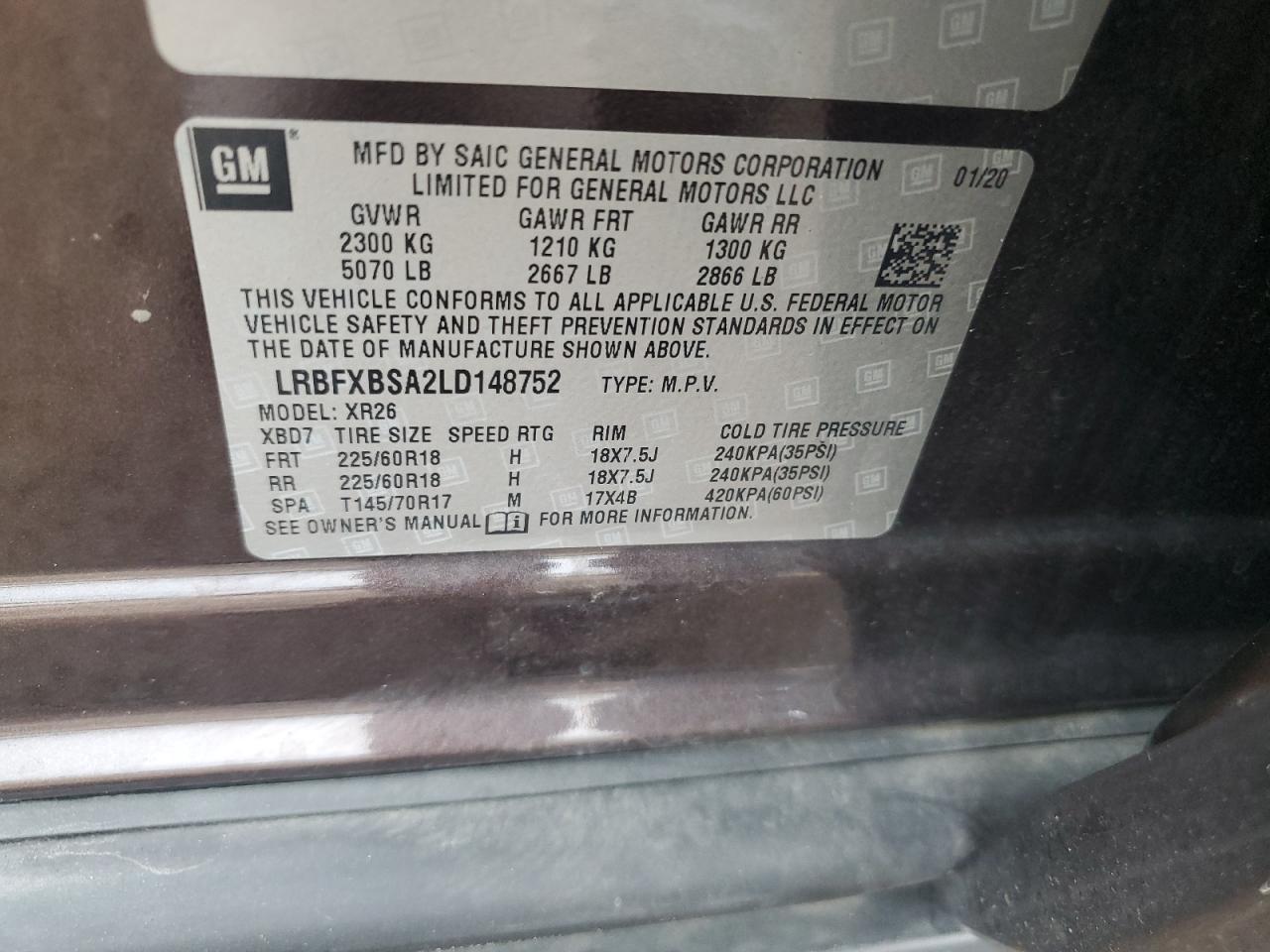 2020 Buick Envision Preferred VIN: LRBFXBSA2LD148752 Lot: 62453435