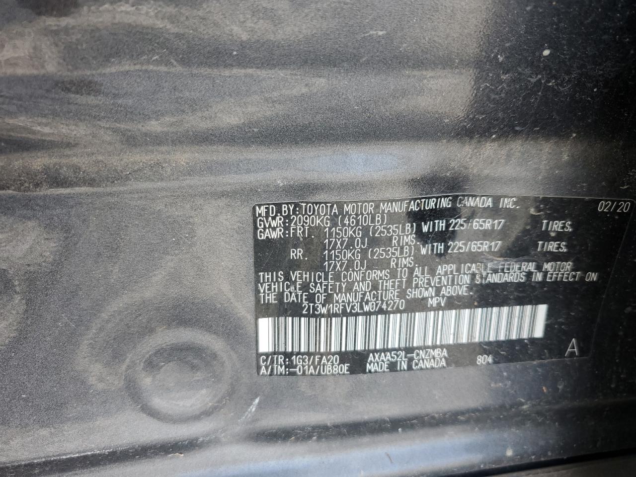 2020 Toyota Rav4 Xle VIN: 2T3W1RFV3LW074270 Lot: 62666905