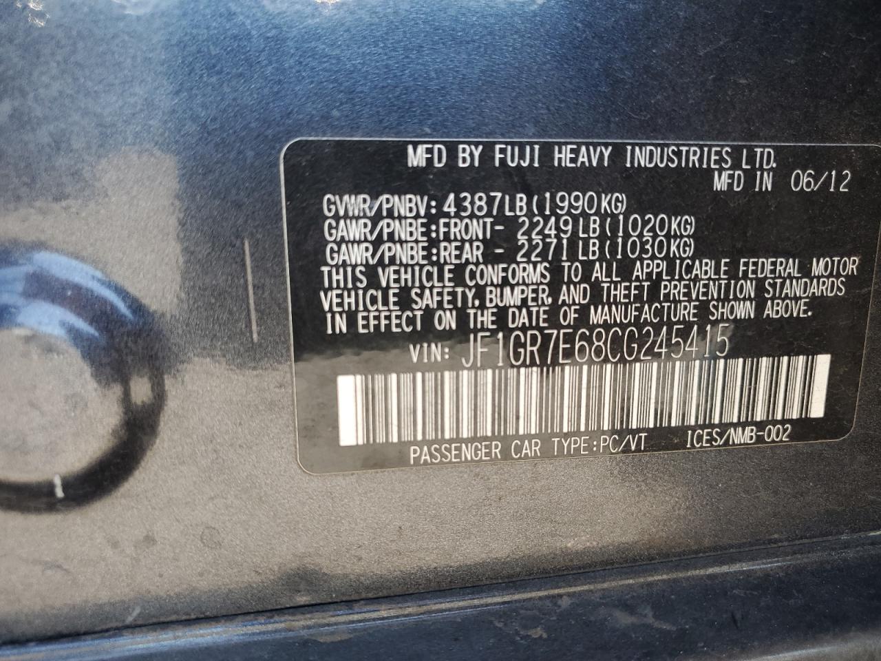 2012 Subaru Impreza Wrx VIN: JF1GR7E68CG245415 Lot: 62776675