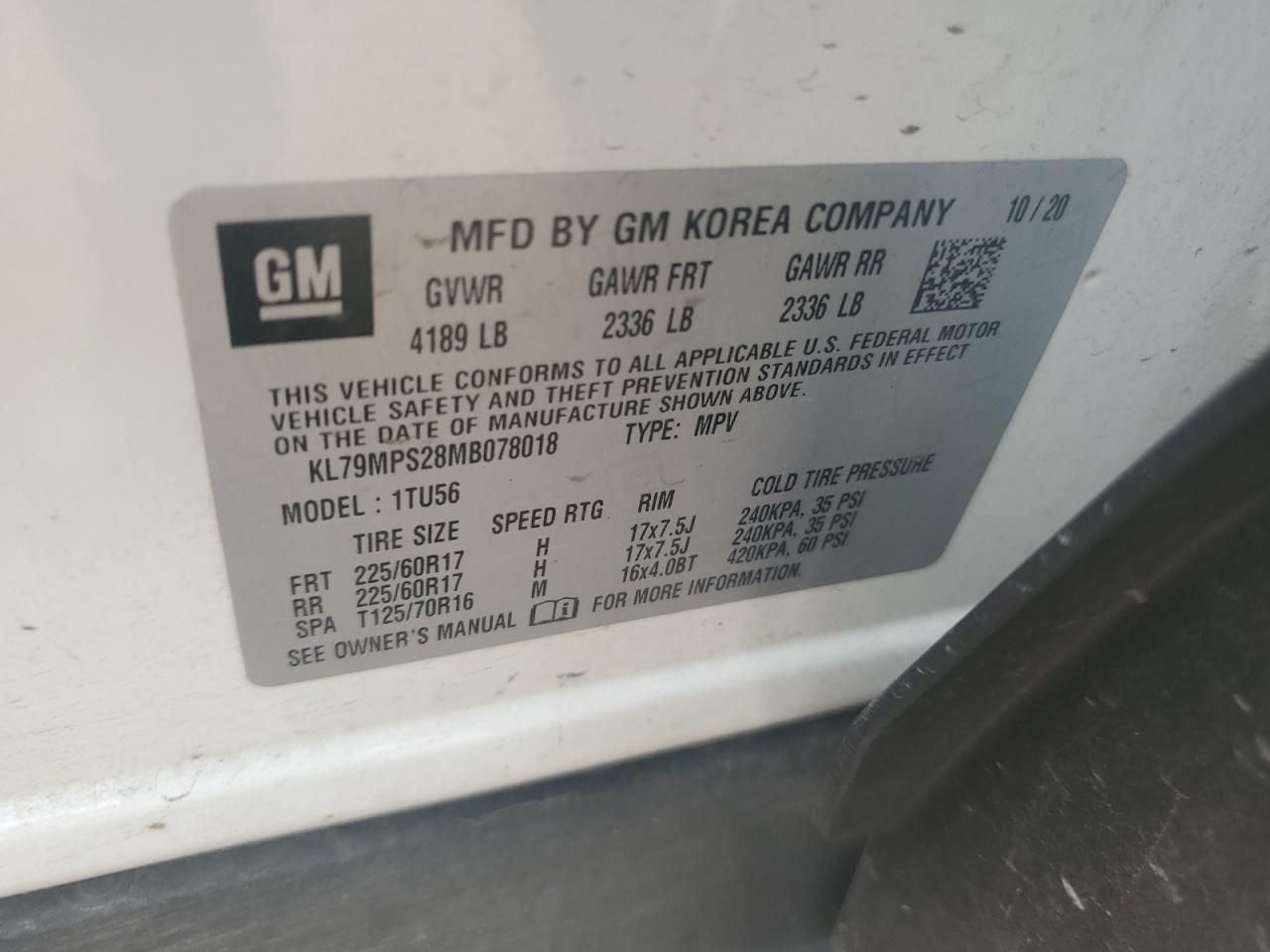 2021 Chevrolet Trailblazer Lt VIN: KL79MPS28MB078018 Lot: 59469235