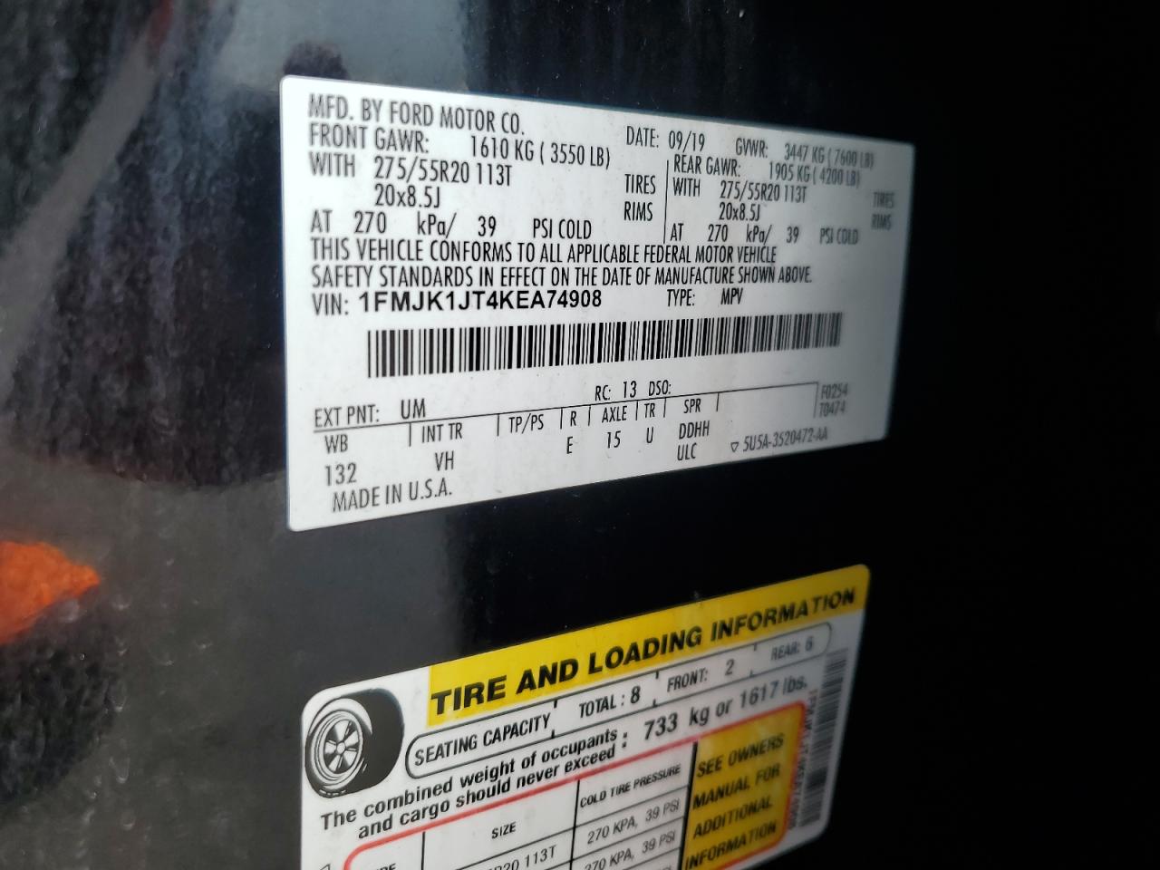 2019 Ford Expedition Max Xlt VIN: 1FMJK1JT4KEA74908 Lot: 59897345