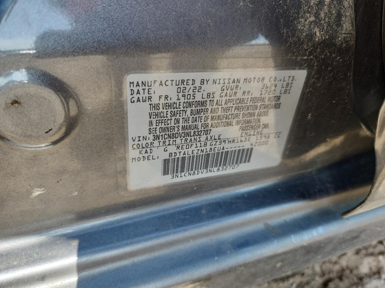 2022 Nissan Versa S VIN: 3N1CN8DV3NL832707 Lot: 61932625