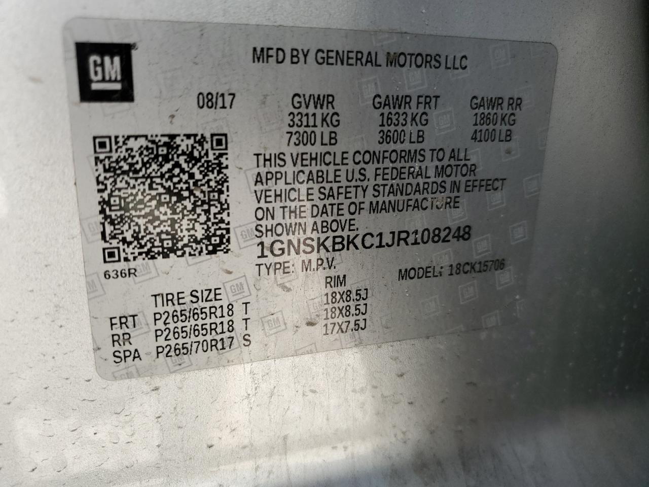 2018 Chevrolet Tahoe K1500 Lt VIN: 1GNSKBKC1JR108248 Lot: 61464375