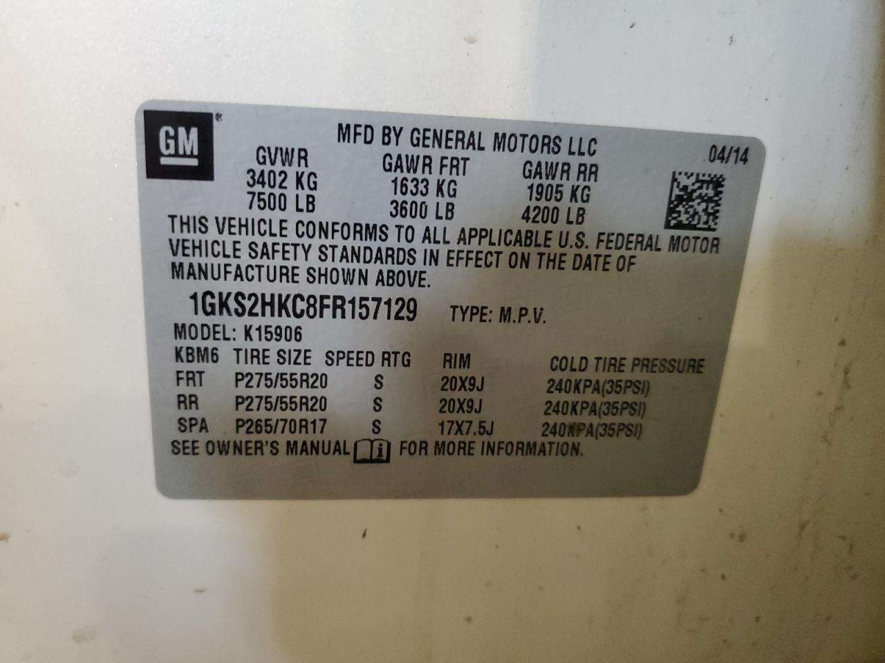 2015 GMC Yukon Xl K1500 Slt VIN: 1GKS2HKC8FR157129 Lot: 58984945