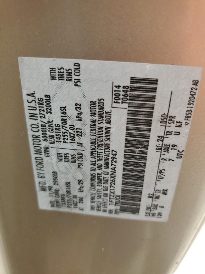 1999 Ford F150 VIN: 1FTZX1726XNA72947 Lot: 59601765