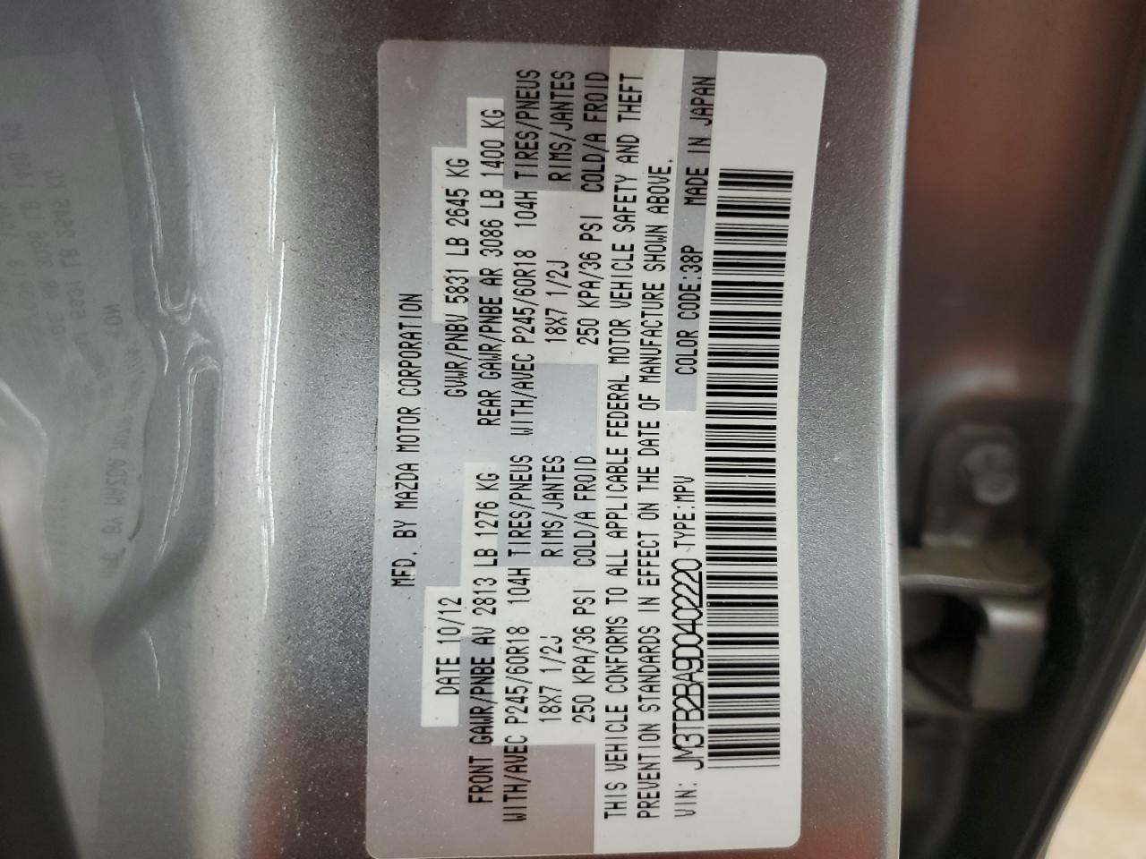 2013 Mazda Cx-9 Sport VIN: JM3TB2BA9D0402220 Lot: 61978805