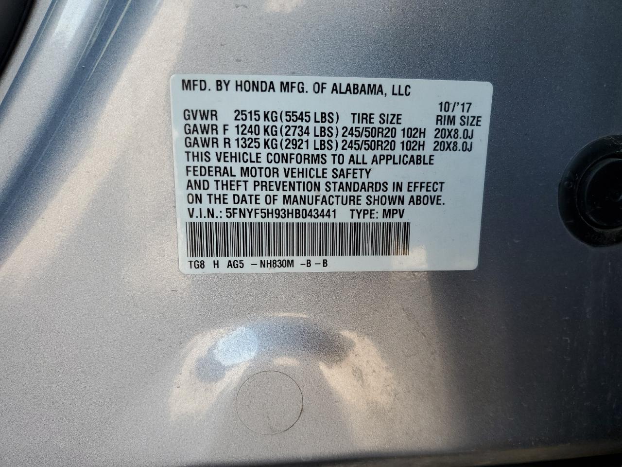 HONDA PILOT 2017 VIN 5FNYF5H93HB043441 фото 14